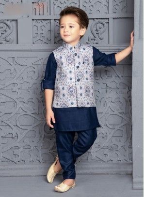 Dark Blue Kurta with Silver Color Printed Kurta