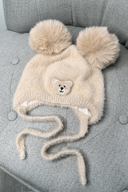 Fluffy Beige Cashmere Teddy Pom Pom Hat