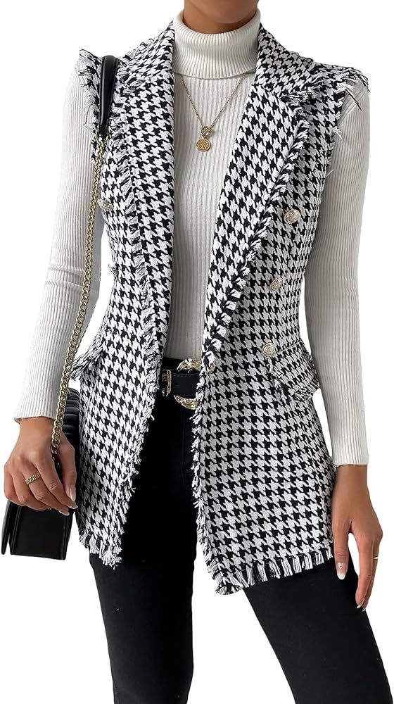 Women's Houndstooth Print Sleeveless Lapel Raw Trim Button Front Long Vest Jacket