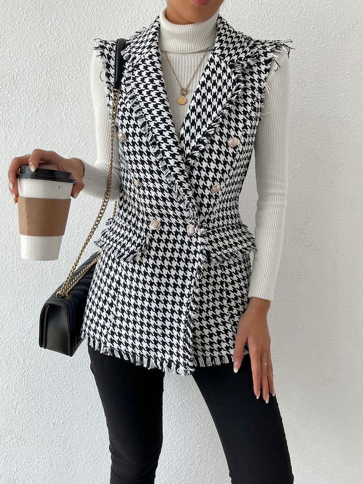 Women's Houndstooth Print Sleeveless Lapel Raw Trim Button Front Long Vest Jacket