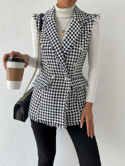 Women's Houndstooth Print Sleeveless Lapel Raw Trim Button Front Long Vest Jacket