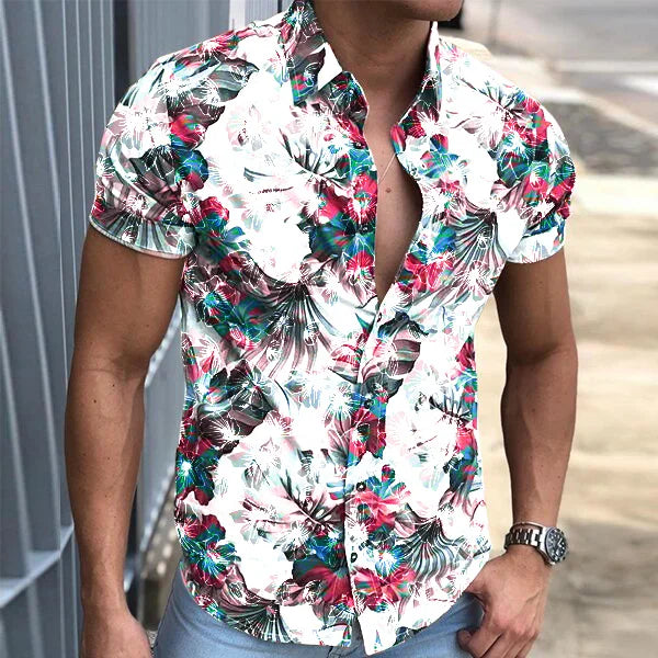 Slim-fit floral print short-sleeved shirt