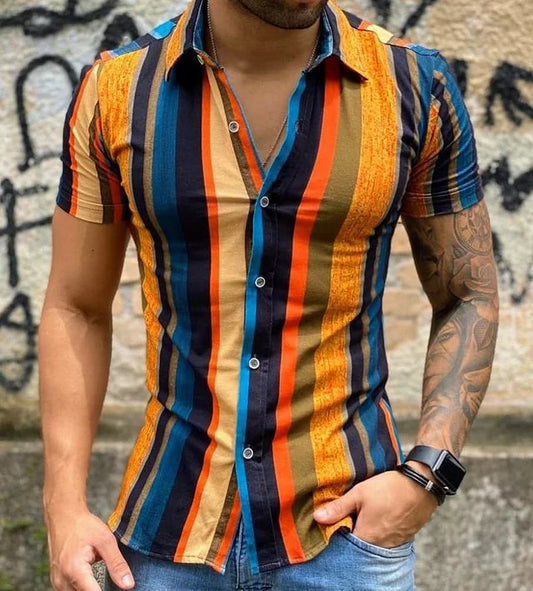 Striped Textured Print Lapel Short Sleeve Shirt