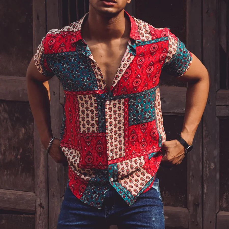 Men's holiday style color print short sleeve shirt