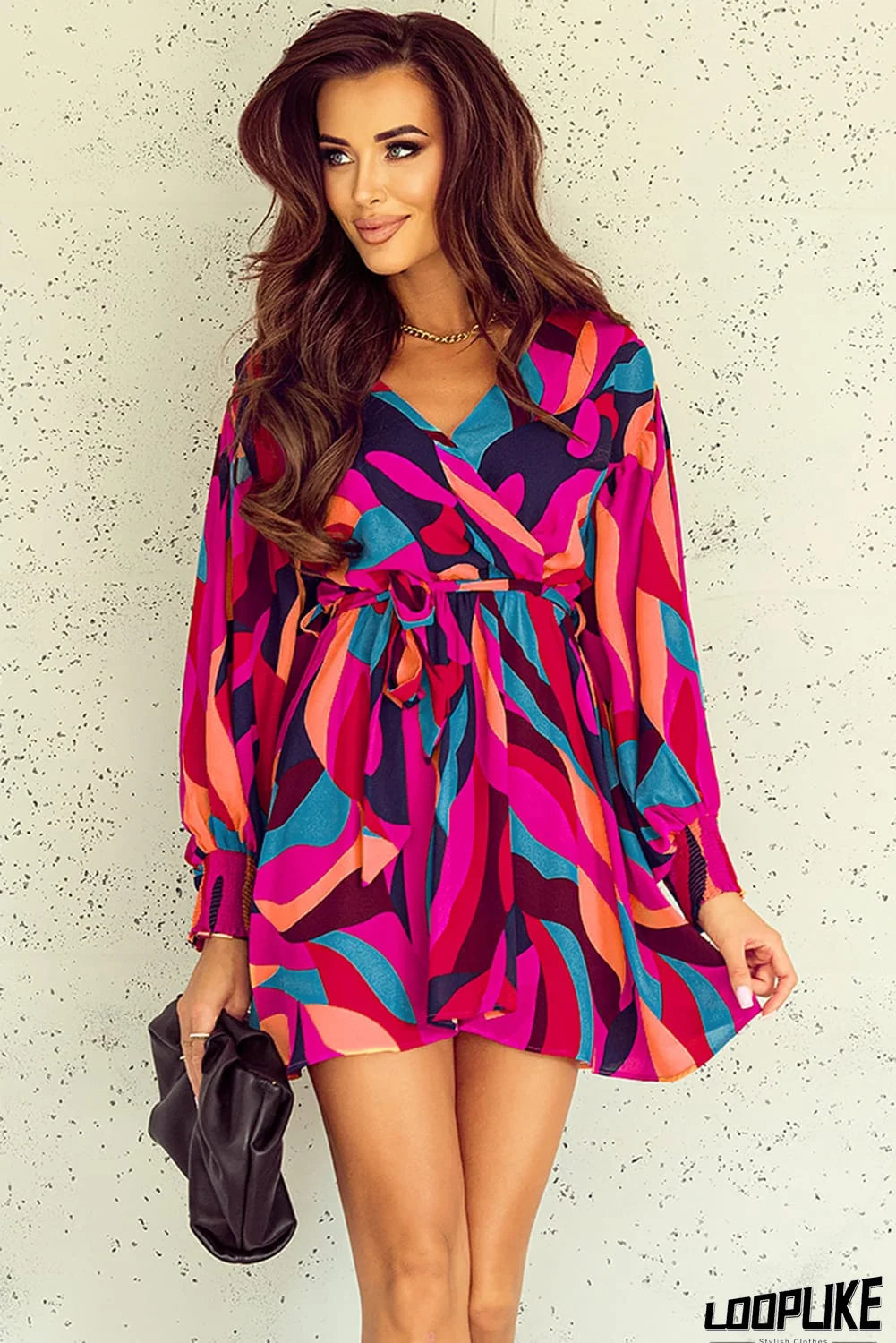 Women's Multicolored Printed Surplice Neck Tie-Waist Mini Dress