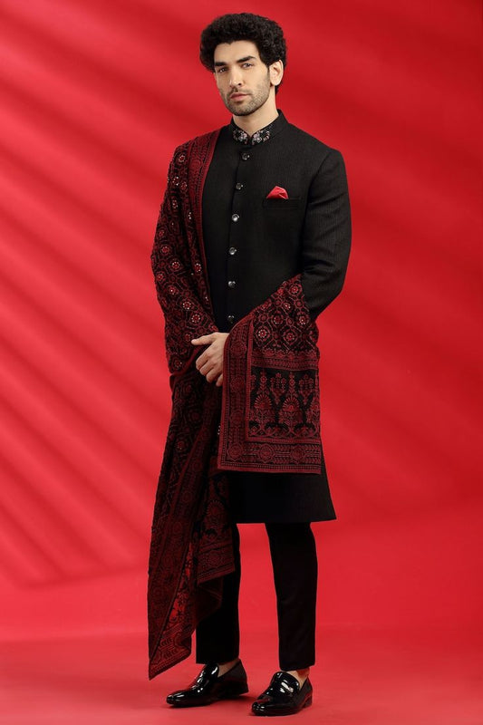 Black Stich Line Embroidered With Stole Fusion Indo Western Sherwani