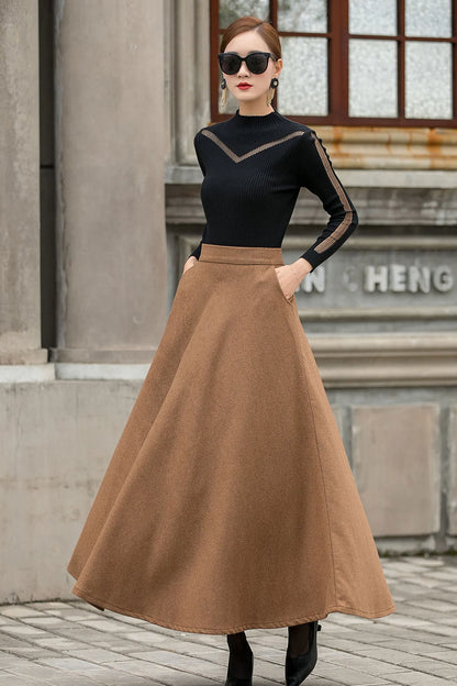 Brown Wool Maxi Skirt Women, High Waist Flared Skirt, Warm Winter Skirt, A Line Long Skirt, Plus Size Skirt,