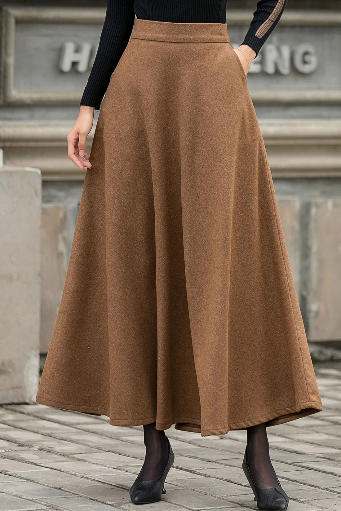 Brown Wool Maxi Skirt Women, High Waist Flared Skirt, Warm Winter Skirt, A Line Long Skirt, Plus Size Skirt,