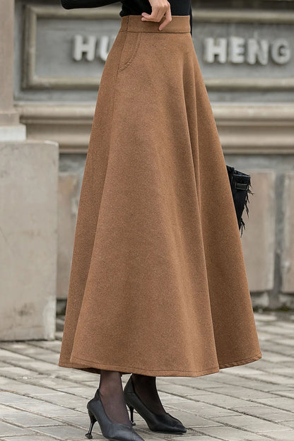 Brown Wool Maxi Skirt Women, High Waist Flared Skirt, Warm Winter Skirt, A Line Long Skirt, Plus Size Skirt,