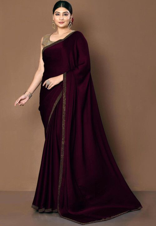 Embellished Border Satin Saree in Wine