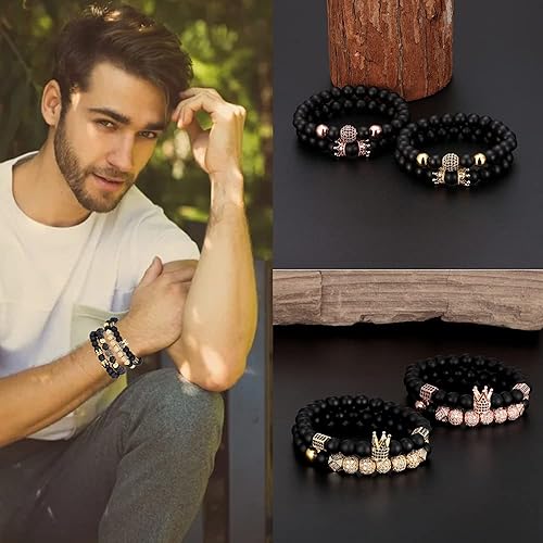 SONNYX 4Pcs 8mm Crown King Charm Beads Bracelet for Men Women Natural Black Matte Onyx Stone Beads Elastic Adjustable