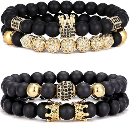 SONNYX 4Pcs 8mm Crown King Charm Beads Bracelet for Men Women Natural Black Matte Onyx Stone Beads Elastic Adjustable