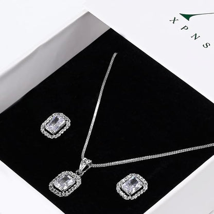 XPNSV Jewelry Luxury AD Pendant Gift Set for Women | Gift Pendant with 2 Earrings, Option in 10 Different Color & Design with Gold Silver Princess Cut Round Heart and Oval