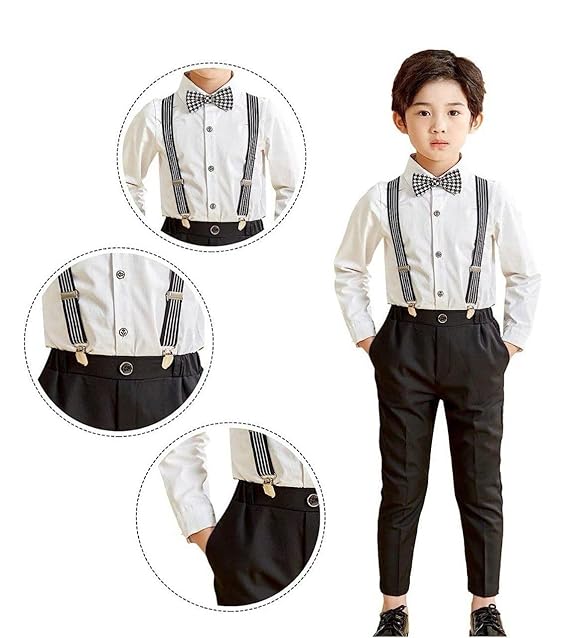 Kid's & Baby Boy Slub Soft Cotton Full Sleeves Shirt and Pant & Suspender Dungaree Set (6 Year-7 Year, White)