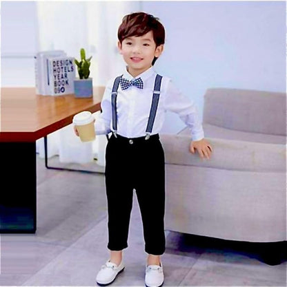 Kid's & Baby Boy Slub Soft Cotton Full Sleeves Shirt and Pant & Suspender Dungaree Set (6 Year-7 Year, White)