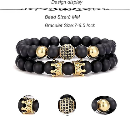 SONNYX 4Pcs 8mm Crown King Charm Beads Bracelet for Men Women Natural Black Matte Onyx Stone Beads Elastic Adjustable