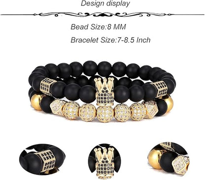 SONNYX 4Pcs 8mm Crown King Charm Beads Bracelet for Men Women Natural Black Matte Onyx Stone Beads Elastic Adjustable