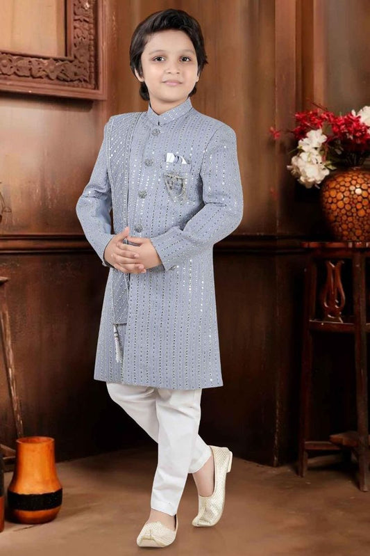 Grey Sherwani With Chikankari Work For Boys