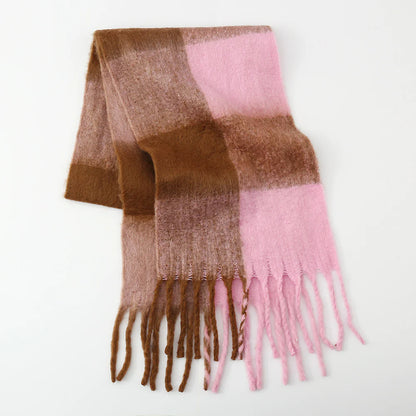 Fringe Contrast Plaid Polyester Scarf