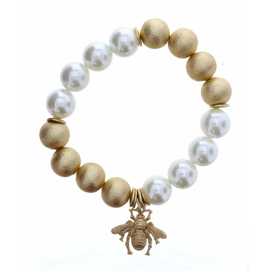 Bee on Pearl and Brushed Gold Beaded Bracelet