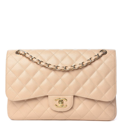 Caviar Quilted Jumbo Double Flap Beige Clair Hand Bag for Womens