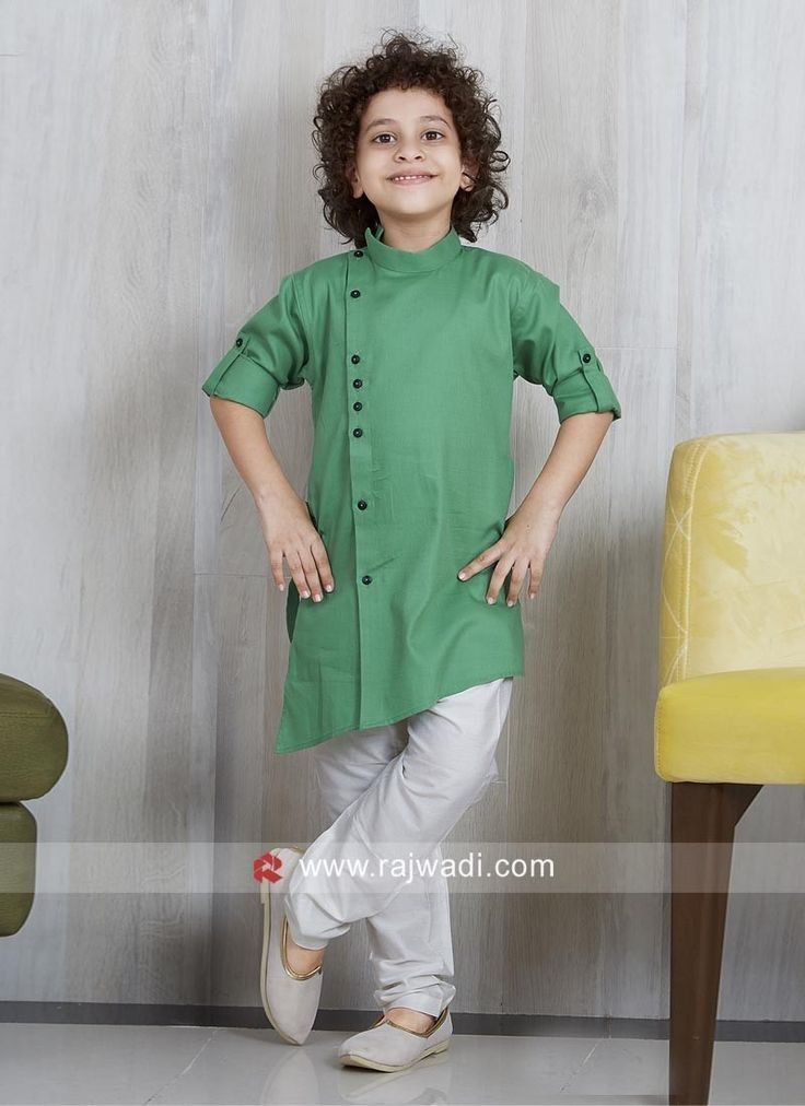 Green kurta for Kids with white Pajama