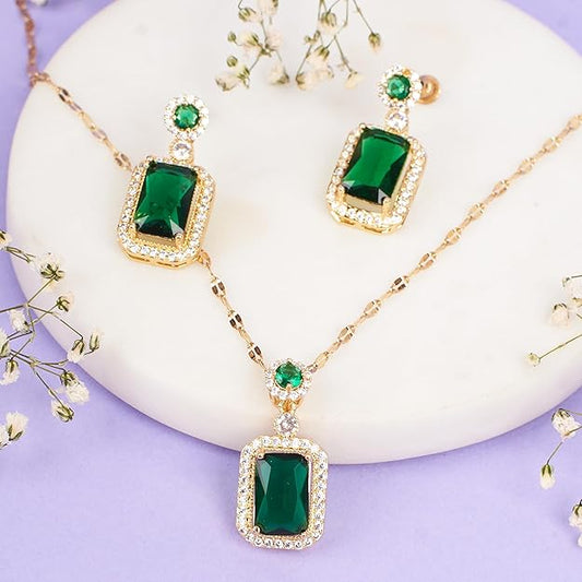 SALTY Emerald Christmas Necklace & Earrings Set | Women's Jewellery | Stylish Accessories | Thanksgiving Xmas Party, Valentines, Birthday, Anniversary, Special Occasion Gift for Woman & Girls