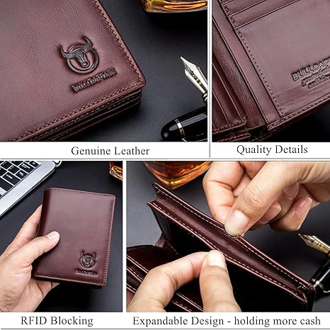 BULLCAPTAIN Large Capacity Genuine Leather Bifold Wallet