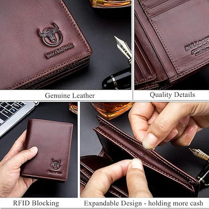 BULLCAPTAIN Large Capacity Genuine Leather Bifold Wallet