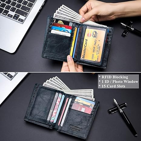 BULLCAPTAIN Large Capacity Genuine Leather Bifold Wallet/Credit Card Holder for Men with 15 Card Slots