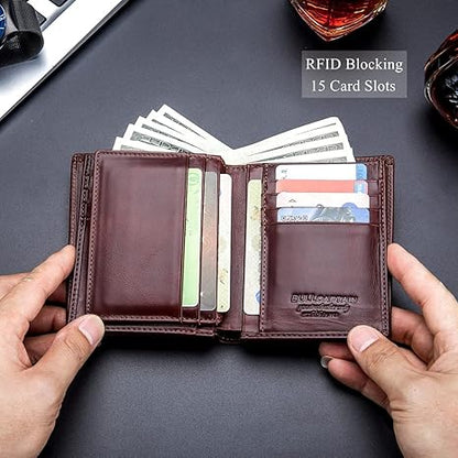 BULLCAPTAIN Large Capacity Genuine Leather Bifold Wallet