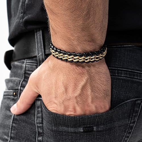 Premium Genuine Leather Bracelet [Steel] for Men in Black |