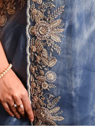 HAND EMBROIDERED BLUE TISSUE ORGANZA SAREE