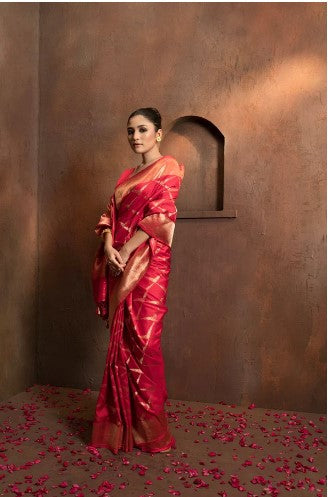 Handwoven Red Pure Katan by kora Silk Banarasi