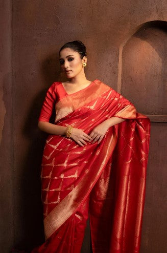 Handwoven Red Pure Katan by kora Silk Banarasi