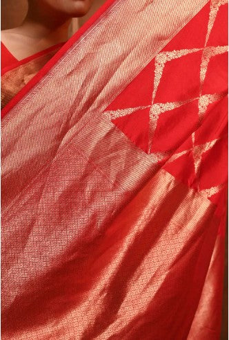 Handwoven Red Pure Katan by kora Silk Banarasi