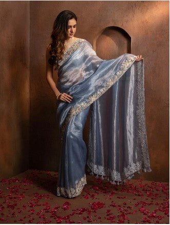 HAND EMBROIDERED BLUE TISSUE ORGANZA SAREE