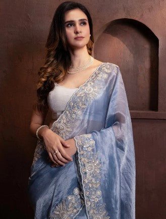 HAND EMBROIDERED BLUE TISSUE ORGANZA SAREE