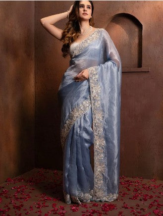 HAND EMBROIDERED BLUE TISSUE ORGANZA SAREE