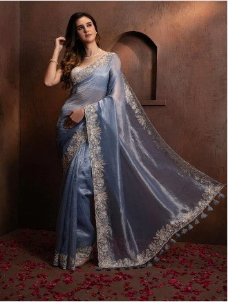 HAND EMBROIDERED BLUE TISSUE ORGANZA SAREE