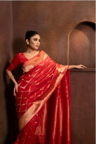 Handwoven Red Pure Katan by kora Silk Banarasi