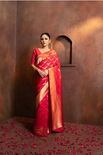 Handwoven Red Pure Katan by kora Silk Banarasi