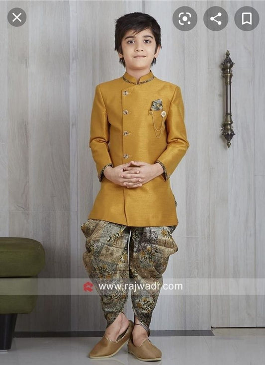 Goldish Color Kurta with grey printed pajama