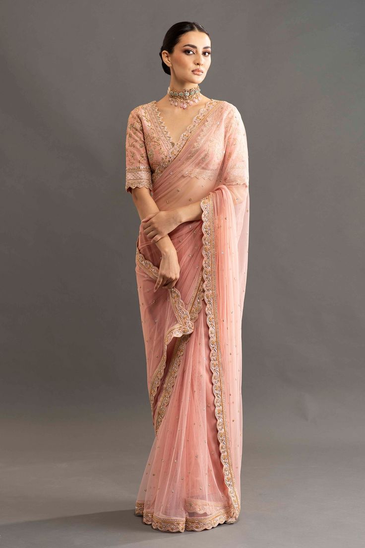 Buy Pink Silk Embroidered Floral Plunge Sarees With Blouse