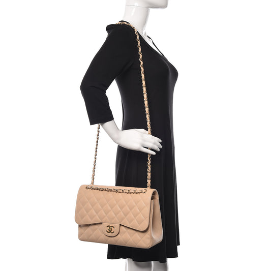 Caviar Quilted Jumbo Double Flap Beige Clair Hand Bag for Womens