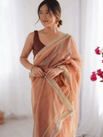 Peach-color and Net gold toned saree