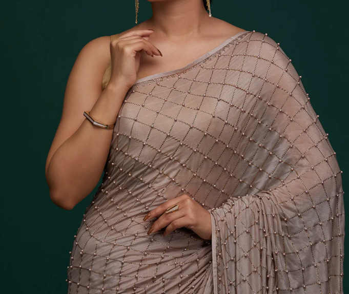 Mauve Work Semi Crepe Designer Saree - Image 2