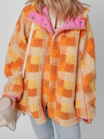 Checkered Long Sleeve Sherpa Hooded Jacket
