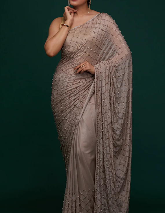 Mauve Work Semi Crepe Designer Saree