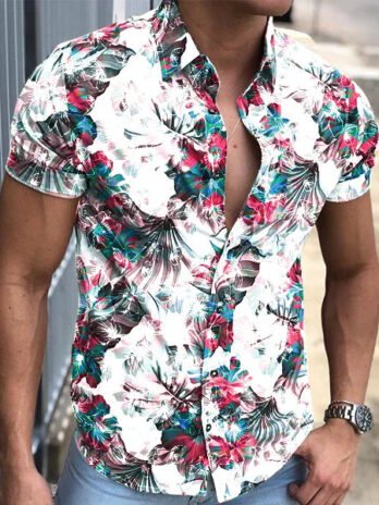 Slim-fit floral print short-sleeved shirt